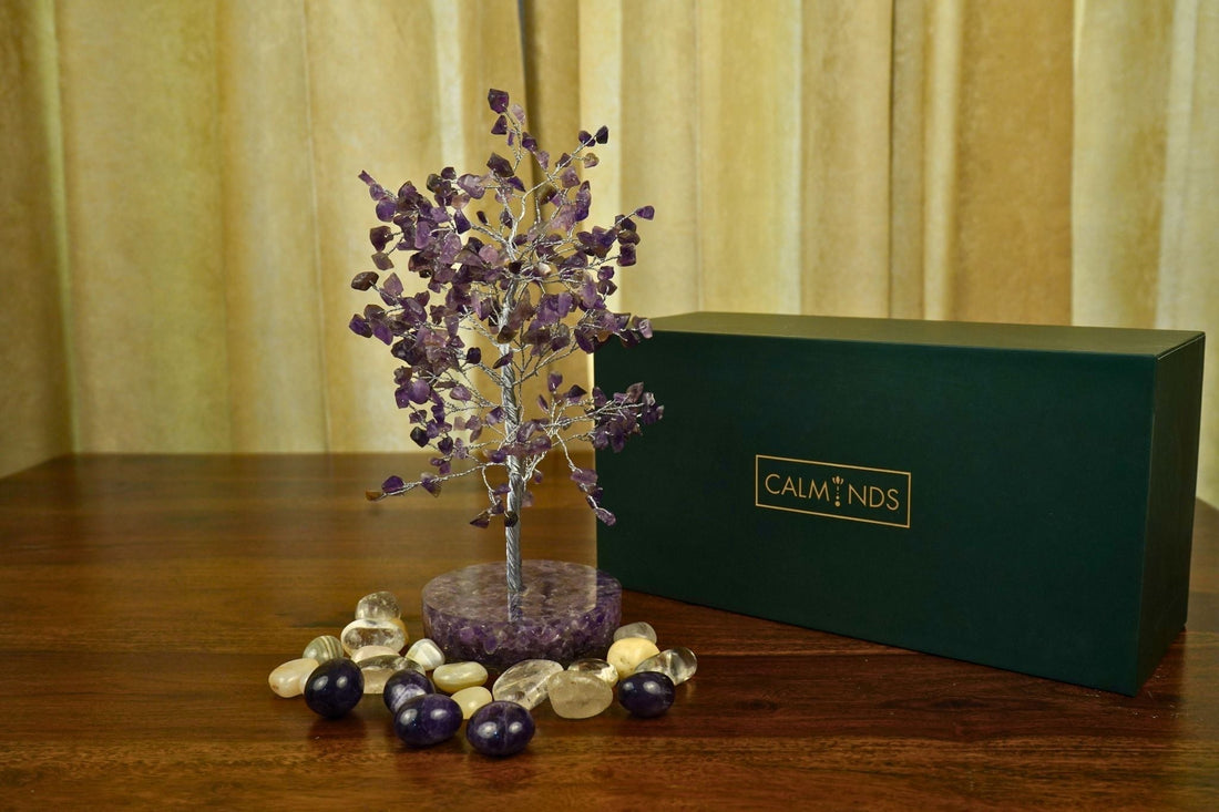 purple color amethyst crystal tree with green calminds box behind