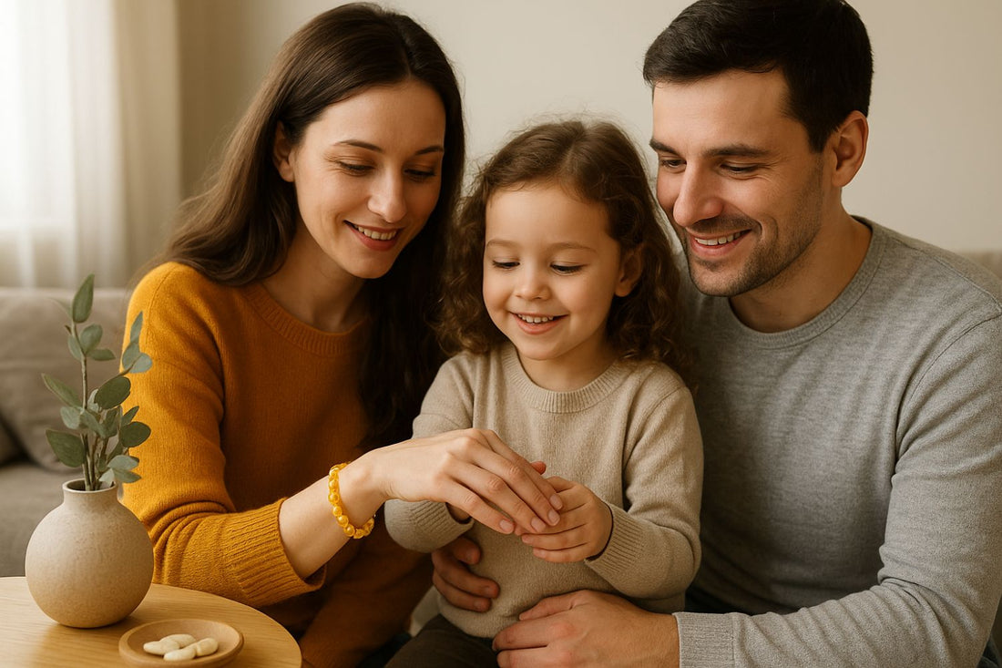 a family of 3 with the woman is wearing a citrin bracelet