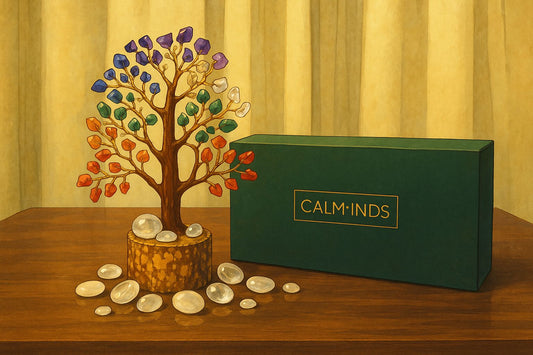 7 chakra crystal tree with green calminds box blog banner image