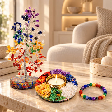 7 Chakra Puja Set with 7 chakra tree, 7 chakra bracelet and crystal diya – what's inside