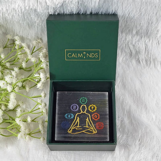 7 chakra selenite plate inside calminds box