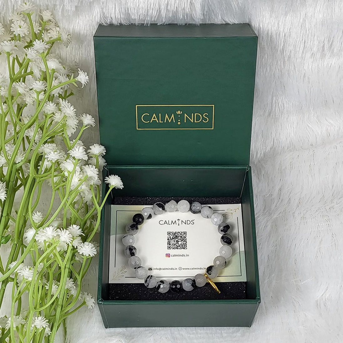 Black Rutile Quartz Healing Bracelet with Golden Leaf Charm inside Box | Calminds