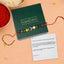 Colorful beaded rakhi with a message card on a green box, set against a beige background.