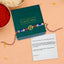 Rakhi with colorful beads and a green box labeled 'calminds' on a peach background.