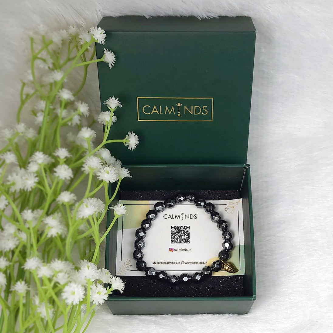 Hematite Crystal Bracelet inside Calminds Box