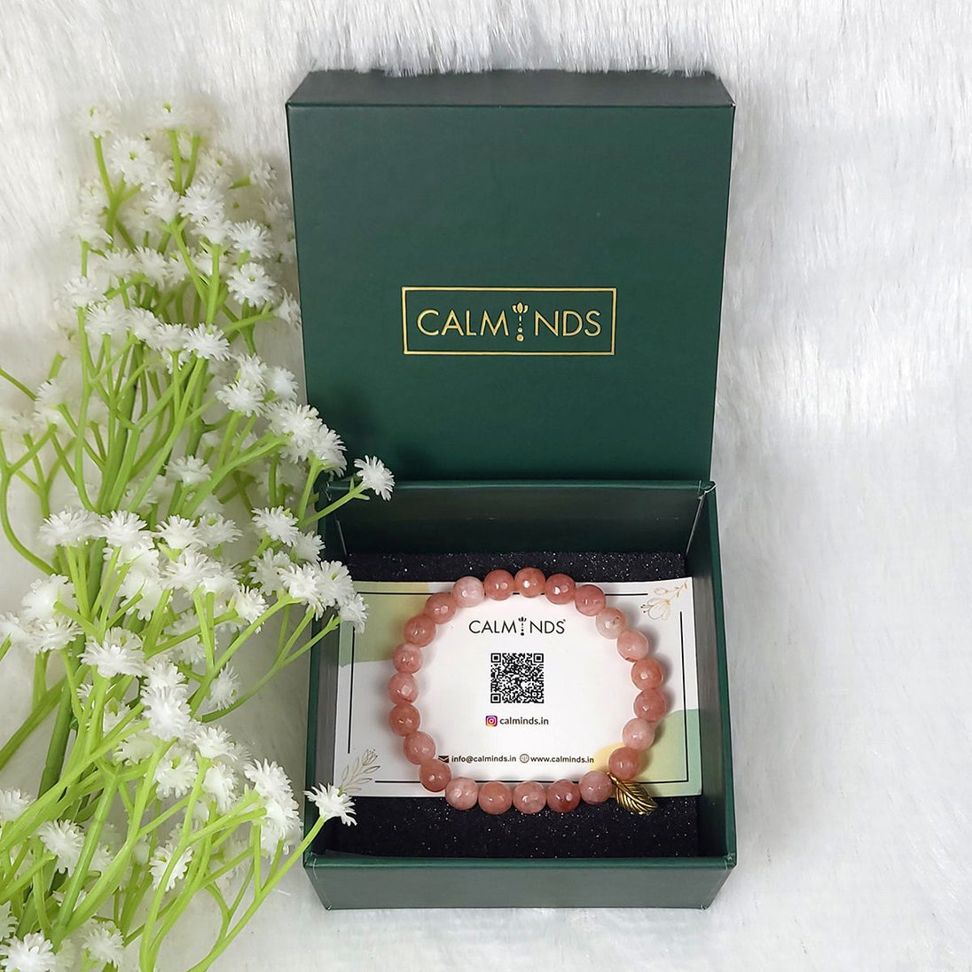 Pink Color Peach Moonstone Crystal Bracelet inside Calminds Box