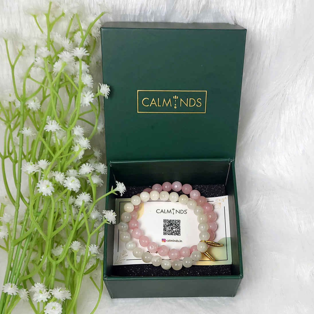 Moonstone & Rose Quartz Bracelet with green calminds box