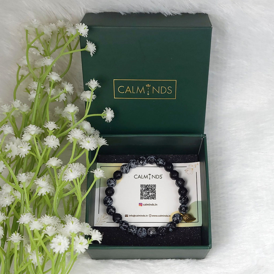 Greyish Snowflake Obsidian Bracelet with Green By Calminds