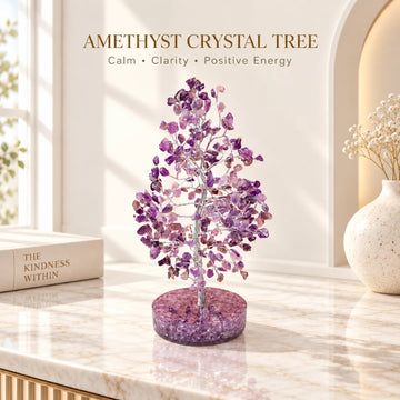 Amethyst Crystal Tree with purple stone chips on a natural amethyst base, styled on a shelf