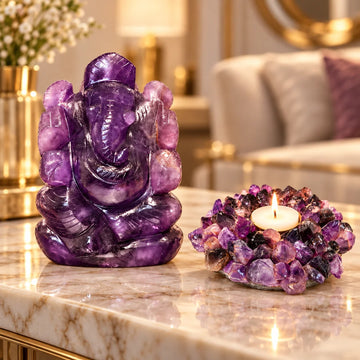 Amethyst Ganesha puja set with amethyst tea light holder – what's inside