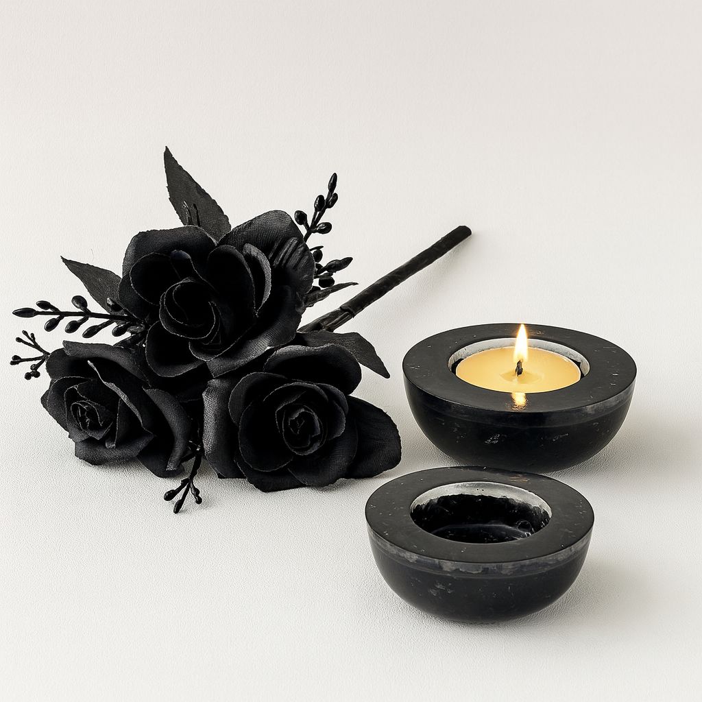 Black decorative roses and two black candle holders with a lit candle on a white background