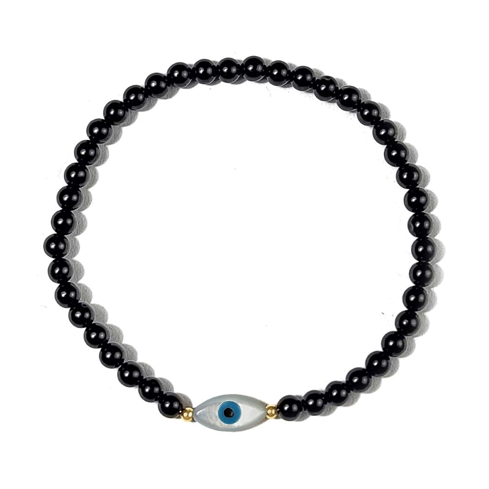 Black beaded bracelet with an eye-shaped charm on a white background