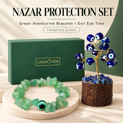 Green aventurine bracelet and evil eye tree nazar protection set