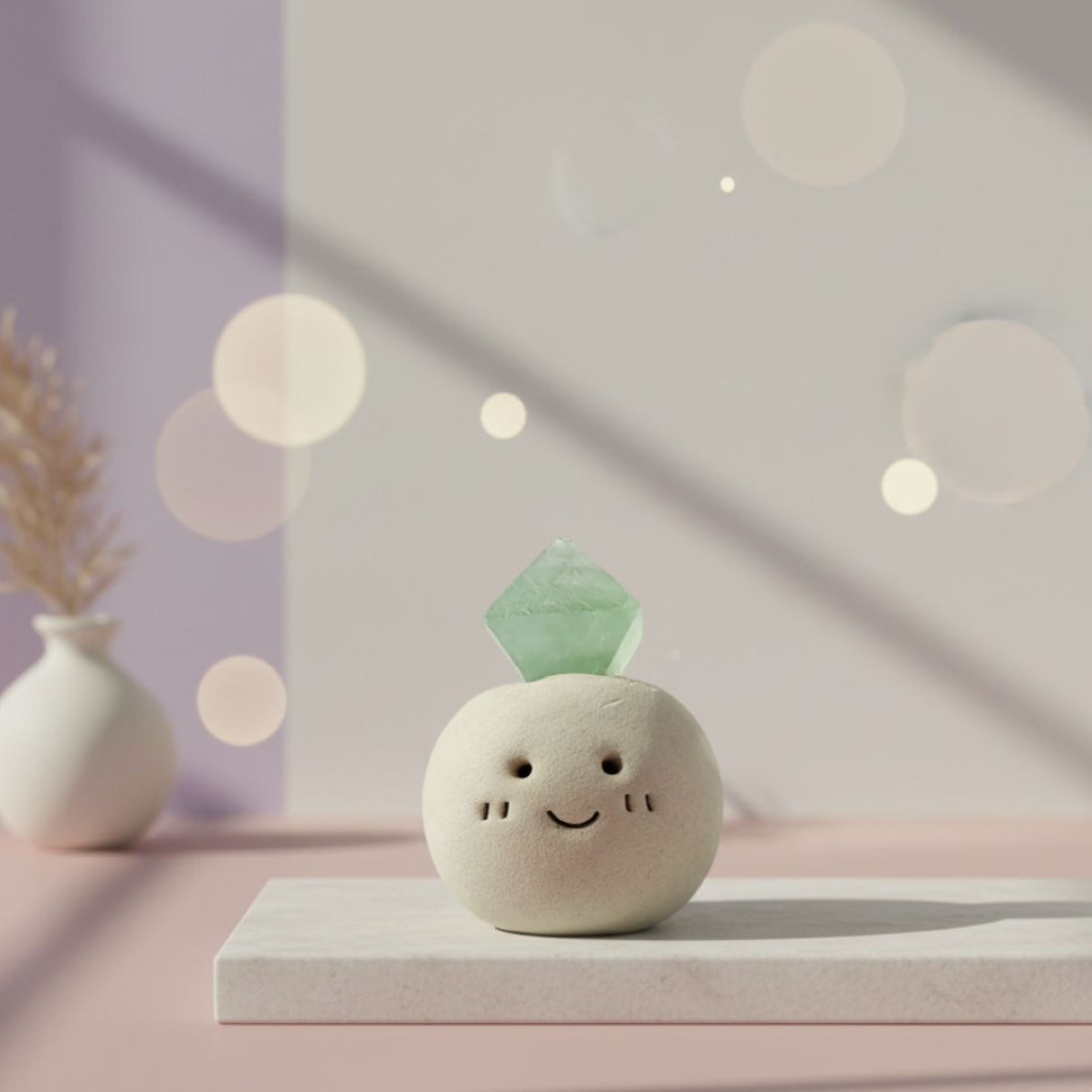 Ceramic figurine with a smiley face and green jade gemstone on a pink surface with blurred lights in the background