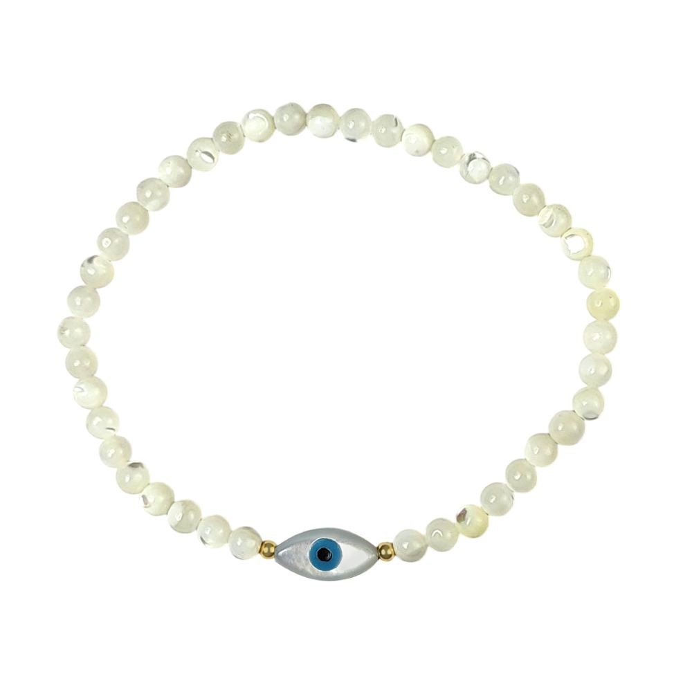 white bracelet with a blue evil eye charm on a white background
