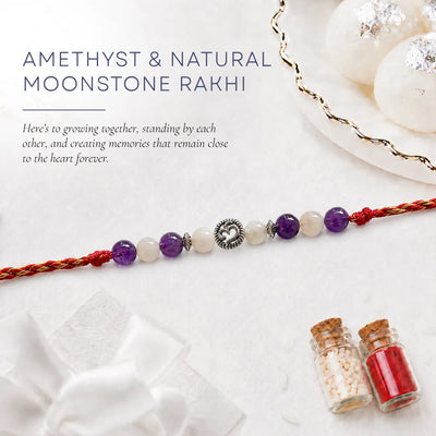 Natural Moonstone and Amethyst Calm Intuition Om stone rakhi for brother