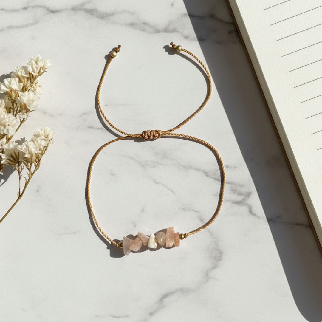golden thread bracelet with prach moonstone beads on a marble surface with flowers and a book.