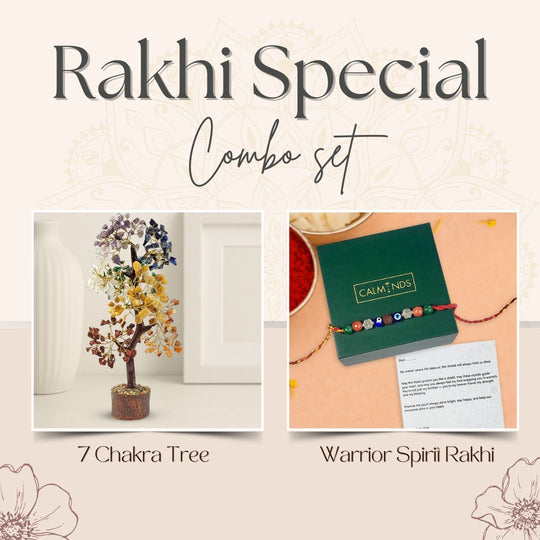Rakhi Special Combo set with 7 Chakra Tree and Warrior Spirit Rakhi on a beige background.