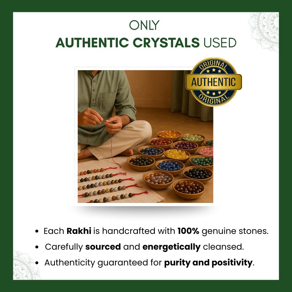 Person sitting with various colored beads and crystals, with a 'Only Authentic Crystals Used' label.