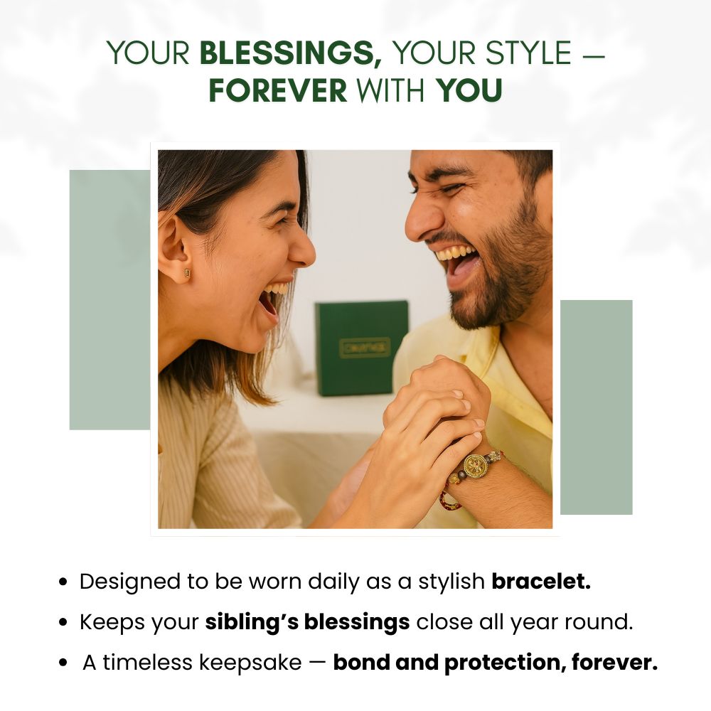 Advertisement featuring a man and woman holding hands with a rakhi, with text about blessings and style.