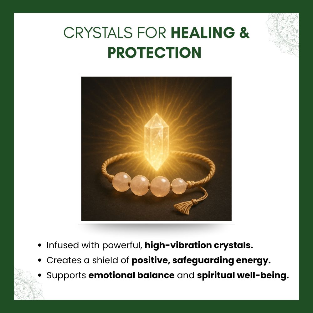 Rakhi with crystal and text about crystals for healing and protection on a white background.