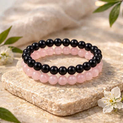 Rose Quartz and Black Tourmaline Bracelet Set Without Charms, 8mm Stretchable Beads – Calminds