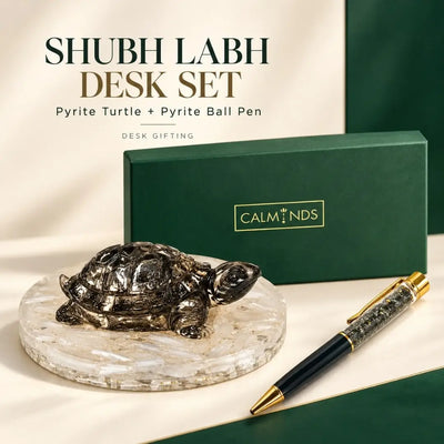 Shubh Labh desk set with pyrite turtle and pyrite ball pen