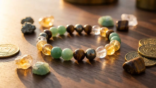 Powerful 5-in-1 Money Magnet Crystal Bracelet with Pyrite, Citrine, and Tiger Eye beads for attracting wealth and success. Blog featured image by Calminds.