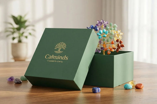 7 chakra crystal tree with green calminds box blog banner image