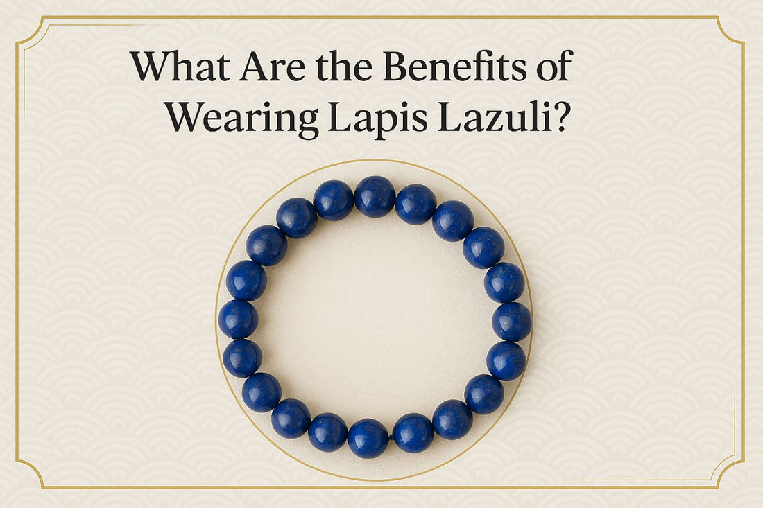 a blue color bracelet named lapis lazuli under a writtern text in black