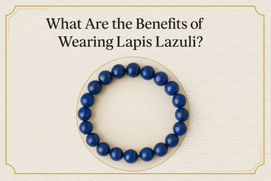 a blue color bracelet named lapis lazuli under a writtern text in black