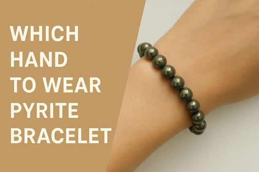 pyrite bracelet on hand with text written in white font-which hand to wear pyrite bracelet