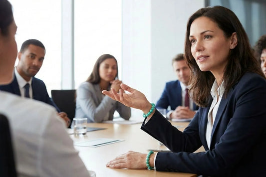 Professional speaking with confidence in a meeting wearing calminds amazonite bracelet for throat chakra