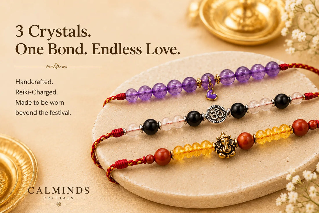 Amethyst crystal rakhi with natural gemstone beads as a reusable alternative to plastic rakhi.