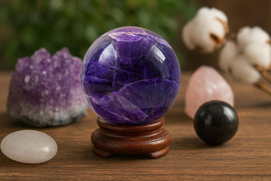 purple amethyst ball on stand