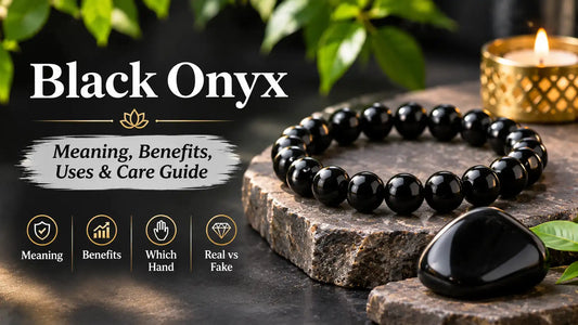 Black onyx bead bracelet with a polished black onyx stone