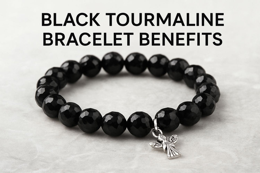 Black Tourmaline Bracelet with a silver charm and heading written on top