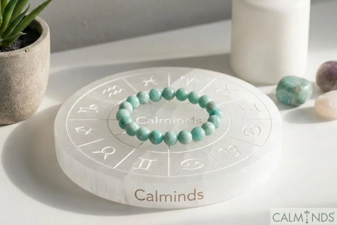 Calminds Zodiac Selenite Charging Plate with Amazonite Crystal Bracelet