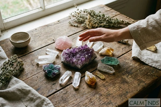 A person choosing a healing crystal from a collection on a wooden table