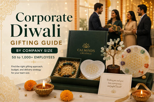 Corporate Diwali gifting guide for companies with 50 to 1000+ employees featuring Calminds Crystal gift boxes