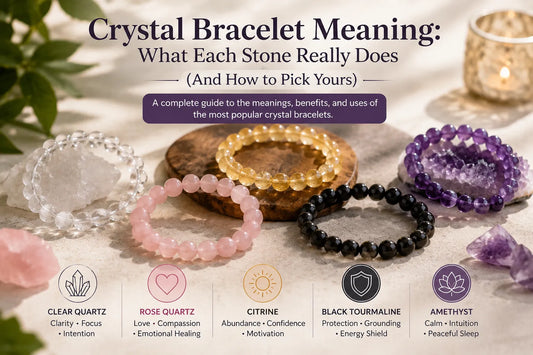 Crystal bracelet meaning guide featuring Clear Quartz Rose Quartz Citrine Black Tourmaline and Amethyst bracelets