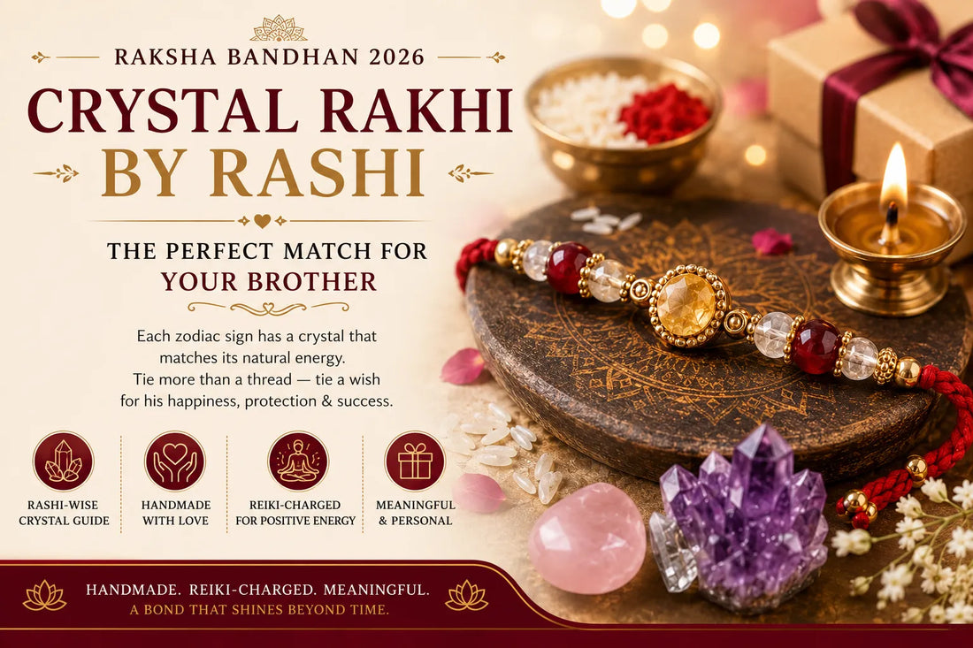 Crystal Rakhi by Rashi guide for Raksha Bandhan 2026 showing zodiac-inspired crystal rakhis for every zodiac sign
