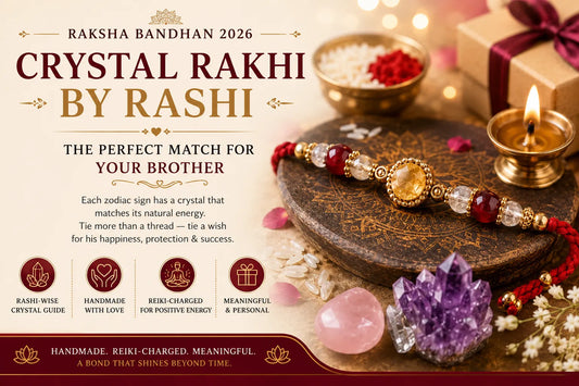 Crystal Rakhi by Rashi guide for Raksha Bandhan 2026 showing zodiac-inspired crystal rakhis for every zodiac sign