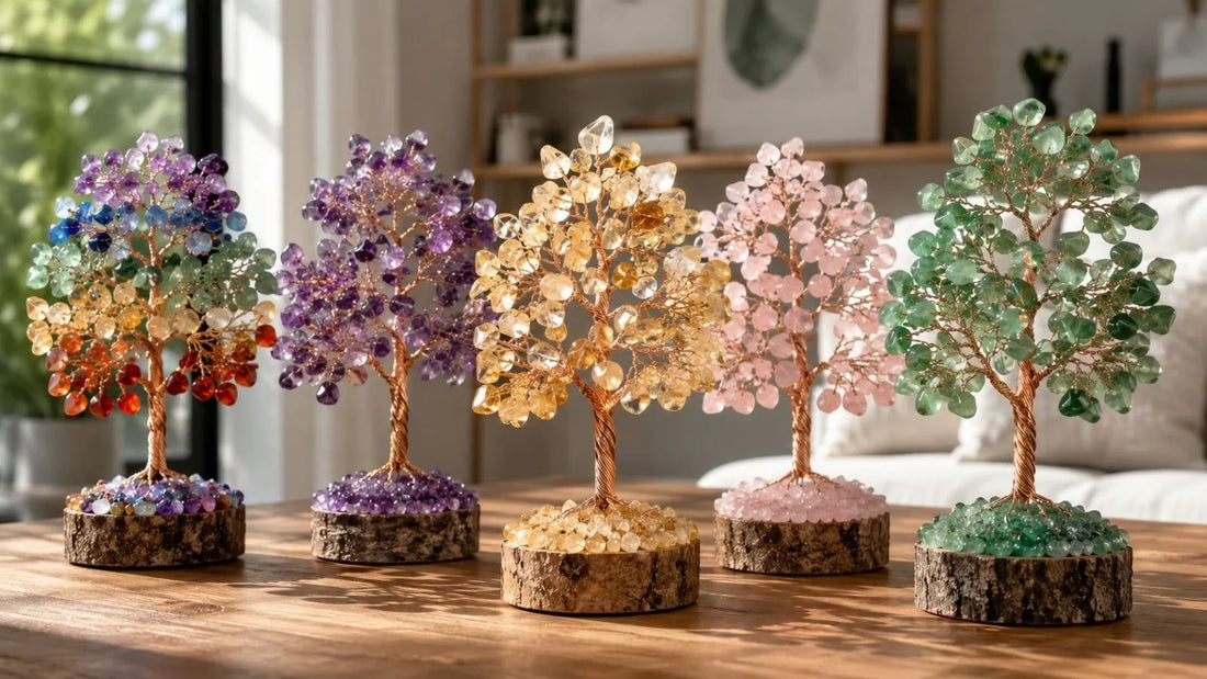 Crystal trees including 7 chakra, amethyst, citrine and rose quartz for healing and positive energy.