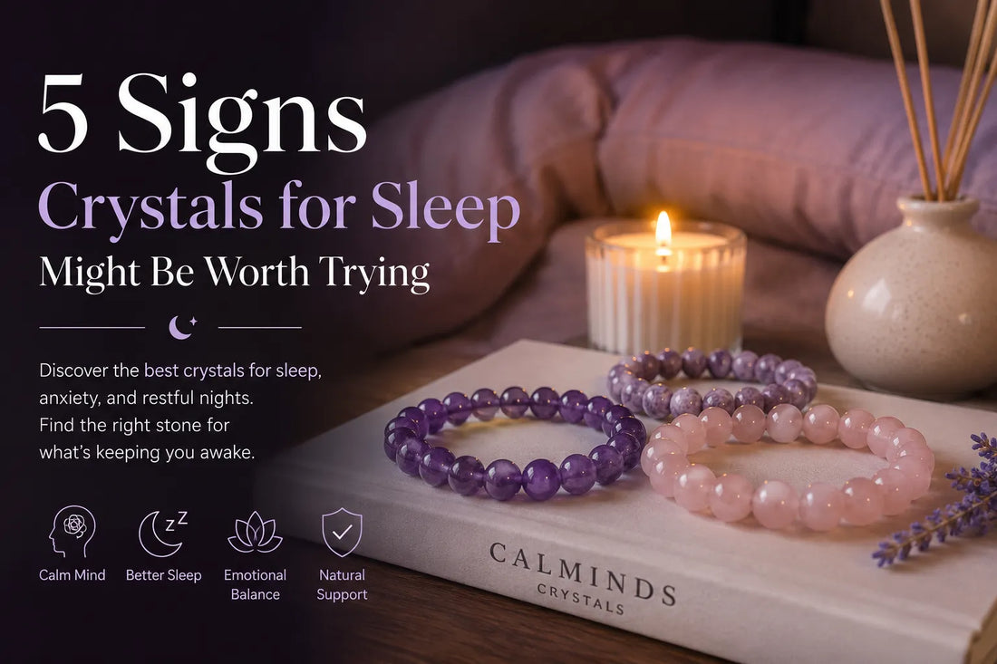 Crystals for sleep including Amethyst, Rose Quartz, and Lepidolite bracelets for a calming bedtime routine