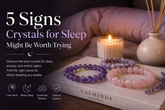 Crystals for sleep including Amethyst, Rose Quartz, and Lepidolite bracelets for a calming bedtime routine