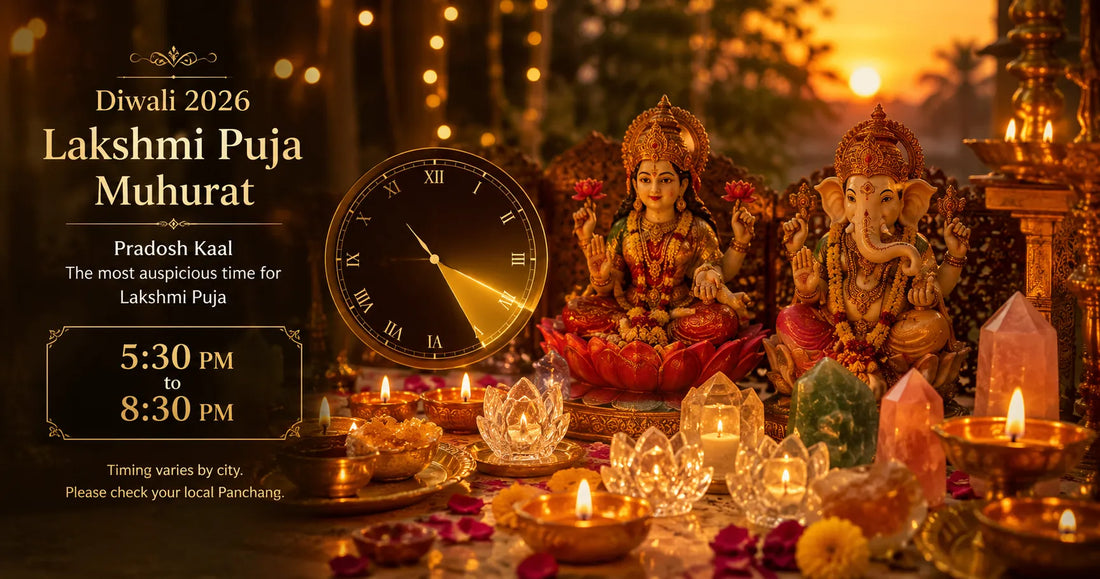 Diwali 2026 date and Lakshmi Puja muhurat with Calminds crystals and diyas