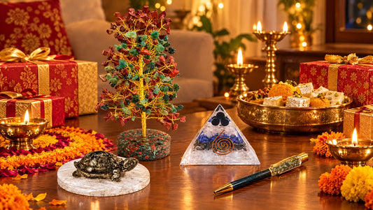 Crystal Diwali gift hamper with gemstone tree, pyramid and turtle among festive gifts