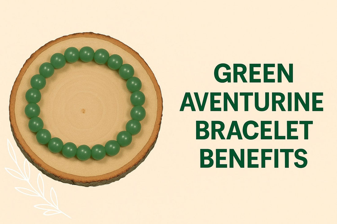 green aventurine bracelert benefits next to green bracelet on a wooden plate