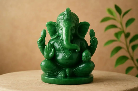 Green Jade Ganesha idol on a pink background
